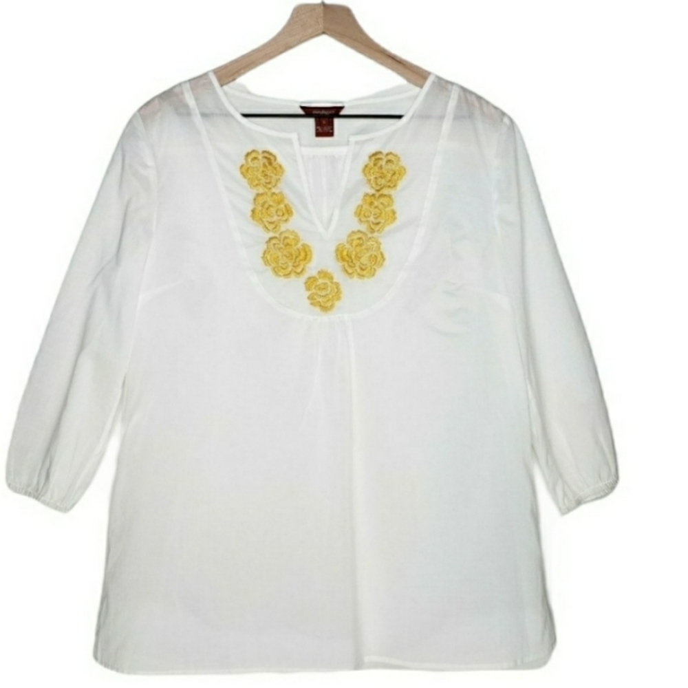 Sundance Embroidered Peasant Blouse Semi Sheer White Yellow Floral Sz‎ S Top